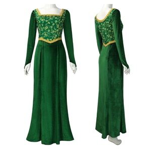 Princess Fiona SHREK Green Velvet LONG DRESS Gold Flowers 2XL Cosplay Halloween